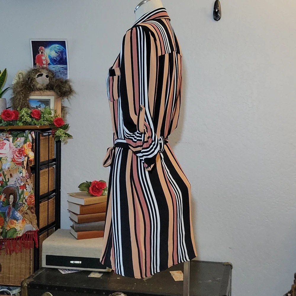 Striped Belted Shirt Dress Button Tab Roll Up Sleeves Small - Picture 4 of 11